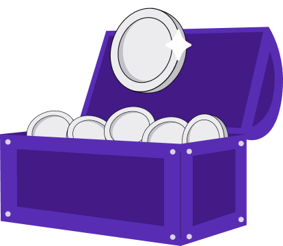 Ilustração de um baú roxo envolto de pequenos brilhos e cheio de moedas cinzas. Ele representa a chegada final do Programa de Recompensas da Yampi.