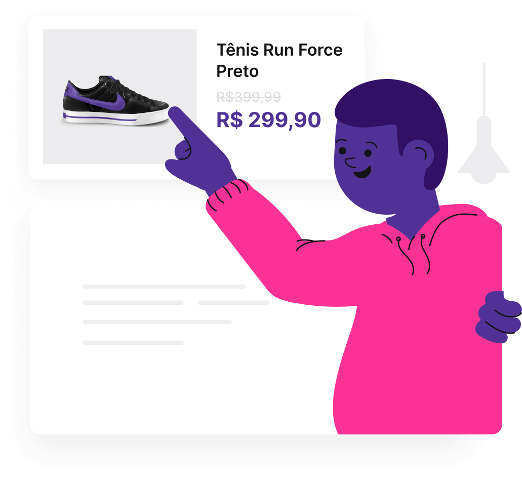 Ilustração da página de canais de venda. Na imagem, um homem aponta para um anúncio do Tênis Run Force Preto, que passou de R$399,99 para R$299,90.