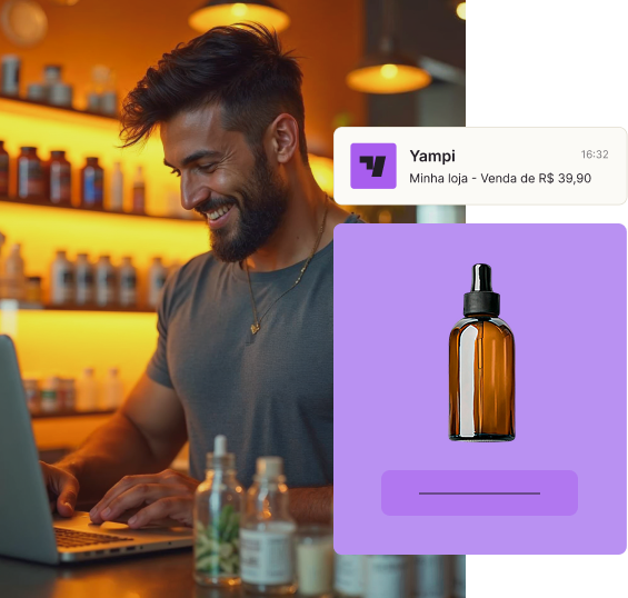 Foto de homem em pé olhando o notebook, comprando produto de saude e beleza em loja da Yampi