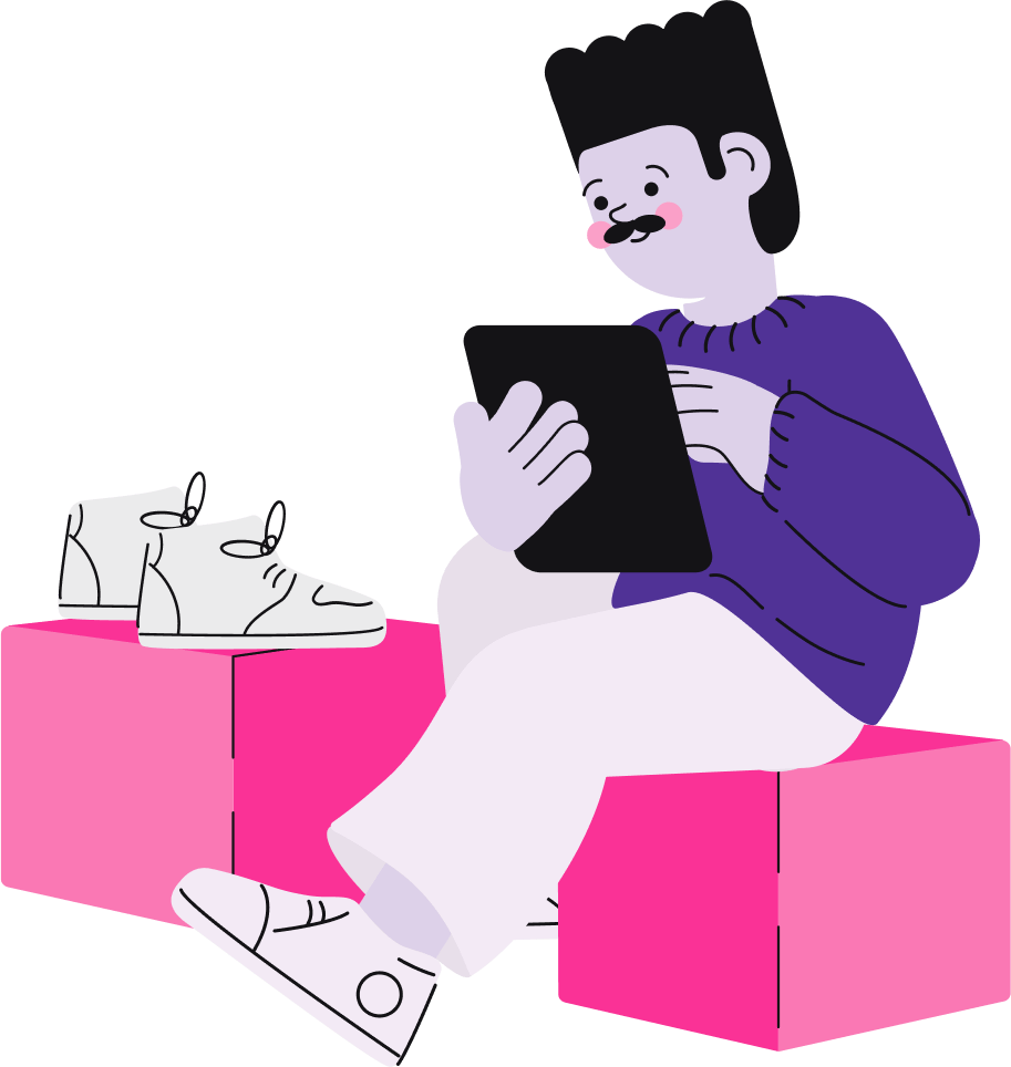 A imagem mostra a ilustração de um lojista de e-commerce, que possui estoque físico, sentado em cima de embalagens de papelão e mexendo na sua loja virtual via tablet.