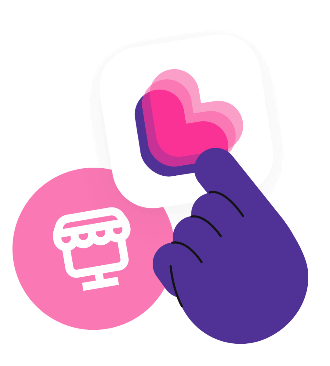 Ilustração de uma mão segurando um cartão, este que contém o logotipo da Yampi, que são três corações sobrepostos, numa escala de cor que vai do roxo ao rosa fraco. Ao fundo, há um círculo rosa com um desenho demonstrativo de uma loja virtual.