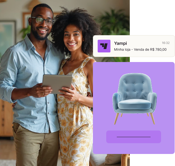 Imagem de casal feliz visualizando tablet com produtos de loja YAMPI