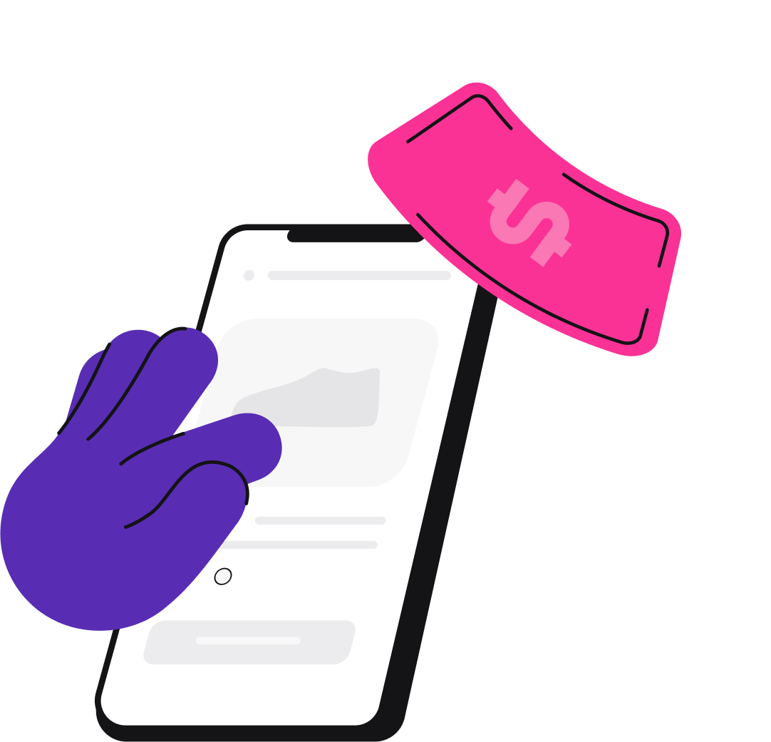 Ilustração de uma mão navegando por uma loja virtual através do celular, com uma imagem representando uma cédula de dinheiro na cor rosa flutuando acima da imagem.