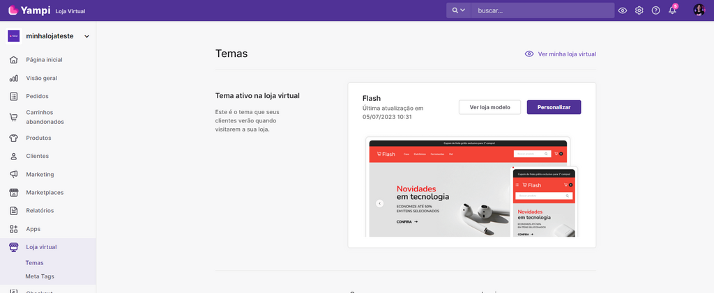 Tela de personalização do tema da Loja Virtual Yampi