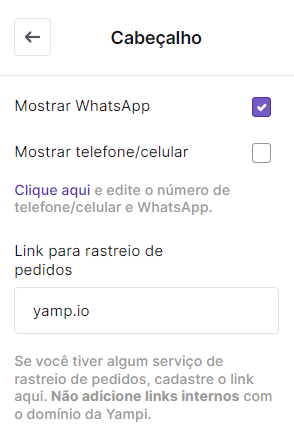 Tela de personalização do cabeçalho da Loja Virtual Yampi