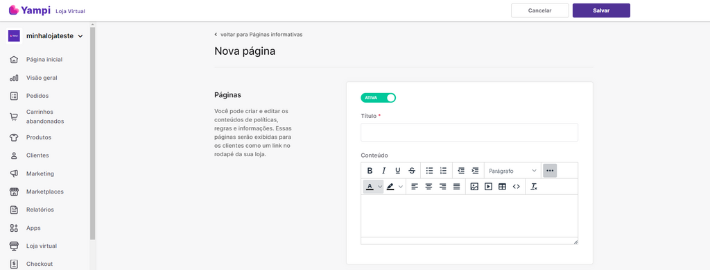 Tela de como criar nova página na Loja Virtual Yampi