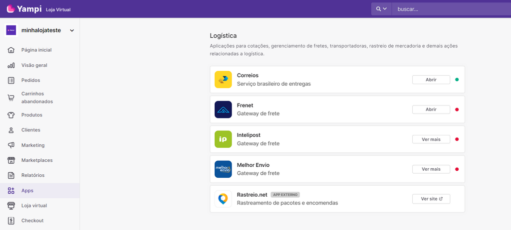 Integrações de logística da Yampi