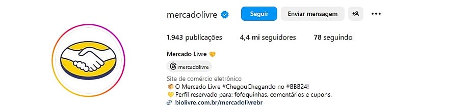 Biografia do Mercado Livre no Instagram